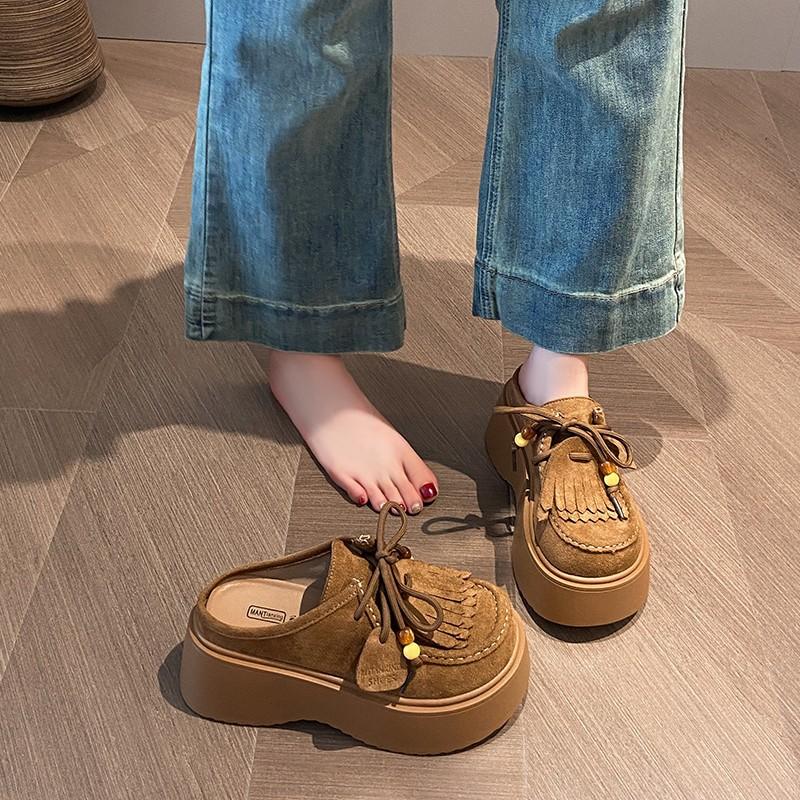 Mattes Leder Dicksohlige Fransen-Loafer für Damen 2025 Herbst neue Modelle, kleine Erhöhung, runde Spitze zum Schnüren, Taschenkopf Halbschlappen
