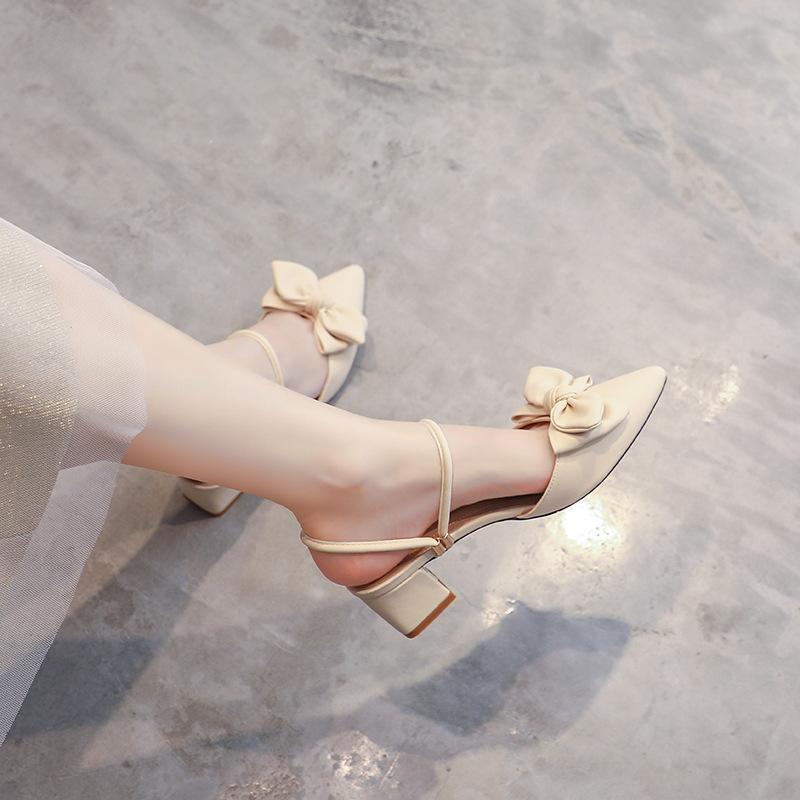 6807-36 Rear empty pointed middle heel sandals women's 2025 gentle and versatile summer thick heel single shoes