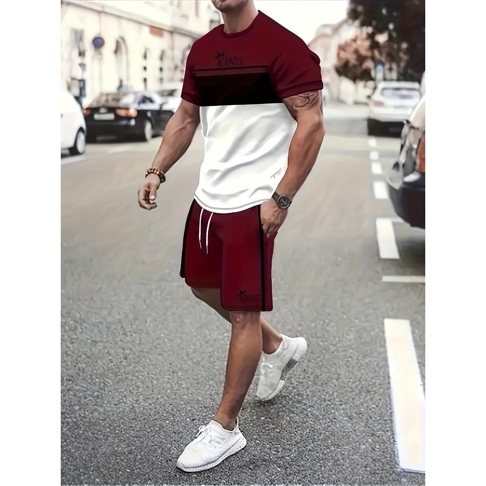 2026 Summer Men's Casual Two-Piece Set Striped Print Short-Sleeve Shirt and Athletic Shorts Set Men's Fitness Set
