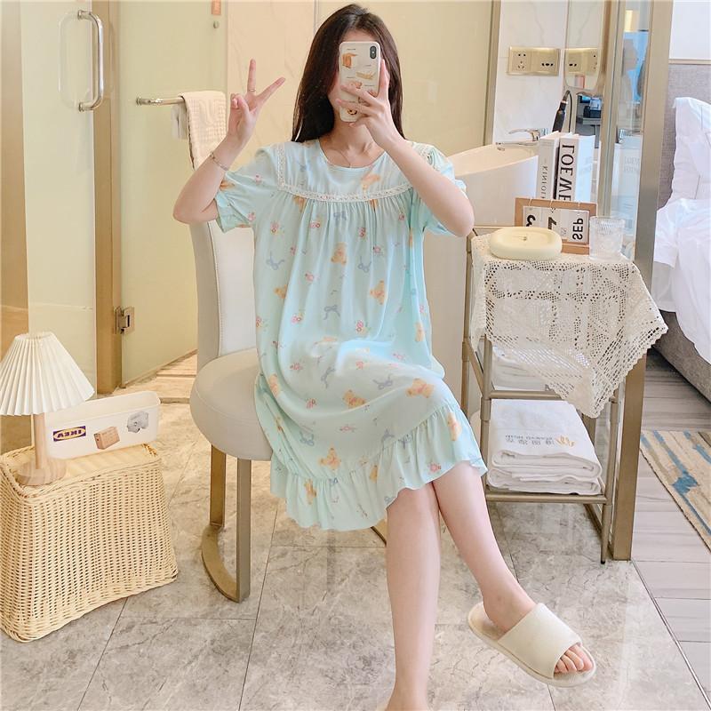1011 new pajamas women's cotton and silk round neck loungewear thin fashion home artificial cotton and silk nightgown can be worn outside