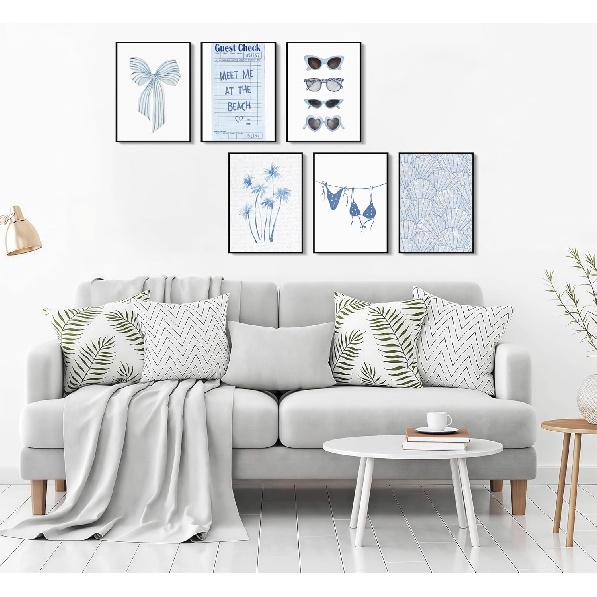 6Pcs Coast Bikini Preppy Canvas Wall Art Blue Shell Bow Coquette Picture Wall Decor Meet Me At The Beach Coastal Granddaughter Poster Print Artwork