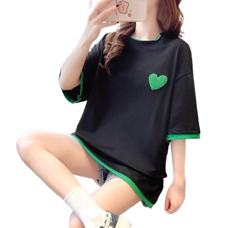 Ladies' Fake Two T-shirts Female Contrasting Color Round Neck Short Sleeved Blouse Summer New Korean Loose Versatile Top