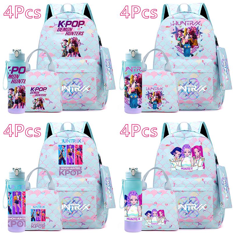 4 Stück/Set Anime KPOP Bedruckter Rucksack mit Handtasche Federmäppchen 750 ml Wasserflasche für Teenager Schüler Junge Mädchen Große Kapazität Schultasche Schultasche