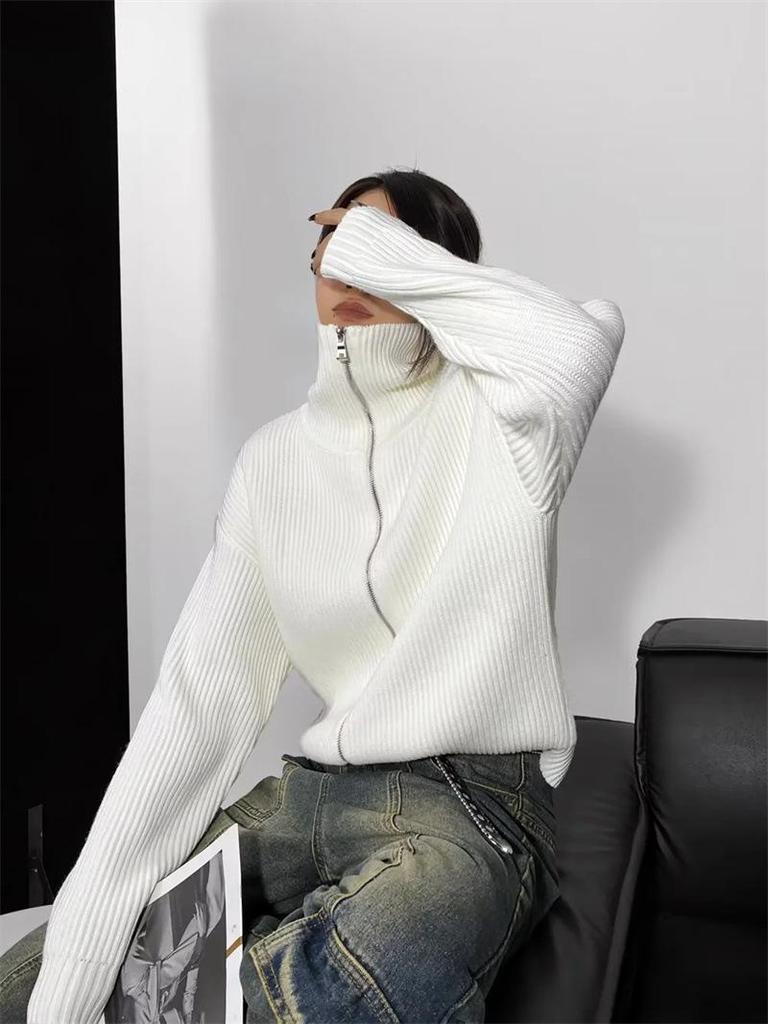 Chic Korean Double Zipper Lapel Sweater: Casual Autumn Loose Cardigan