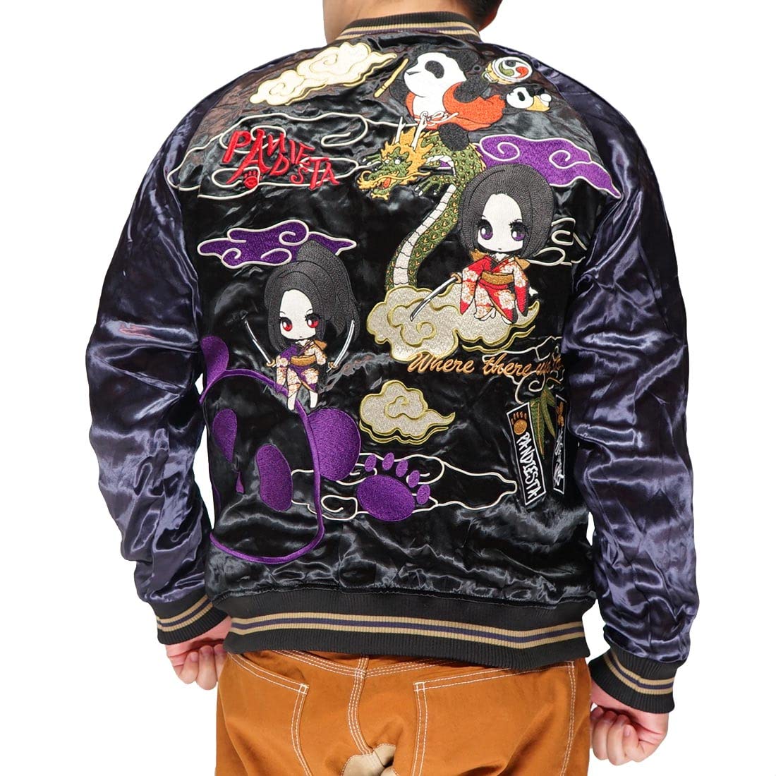 

Pandiesta Collaboration Karakuridama Japanese Pattern Sukajan Reversible Mini Character Anime Style Panda Black [Battou Musume] Men s Rin-chan