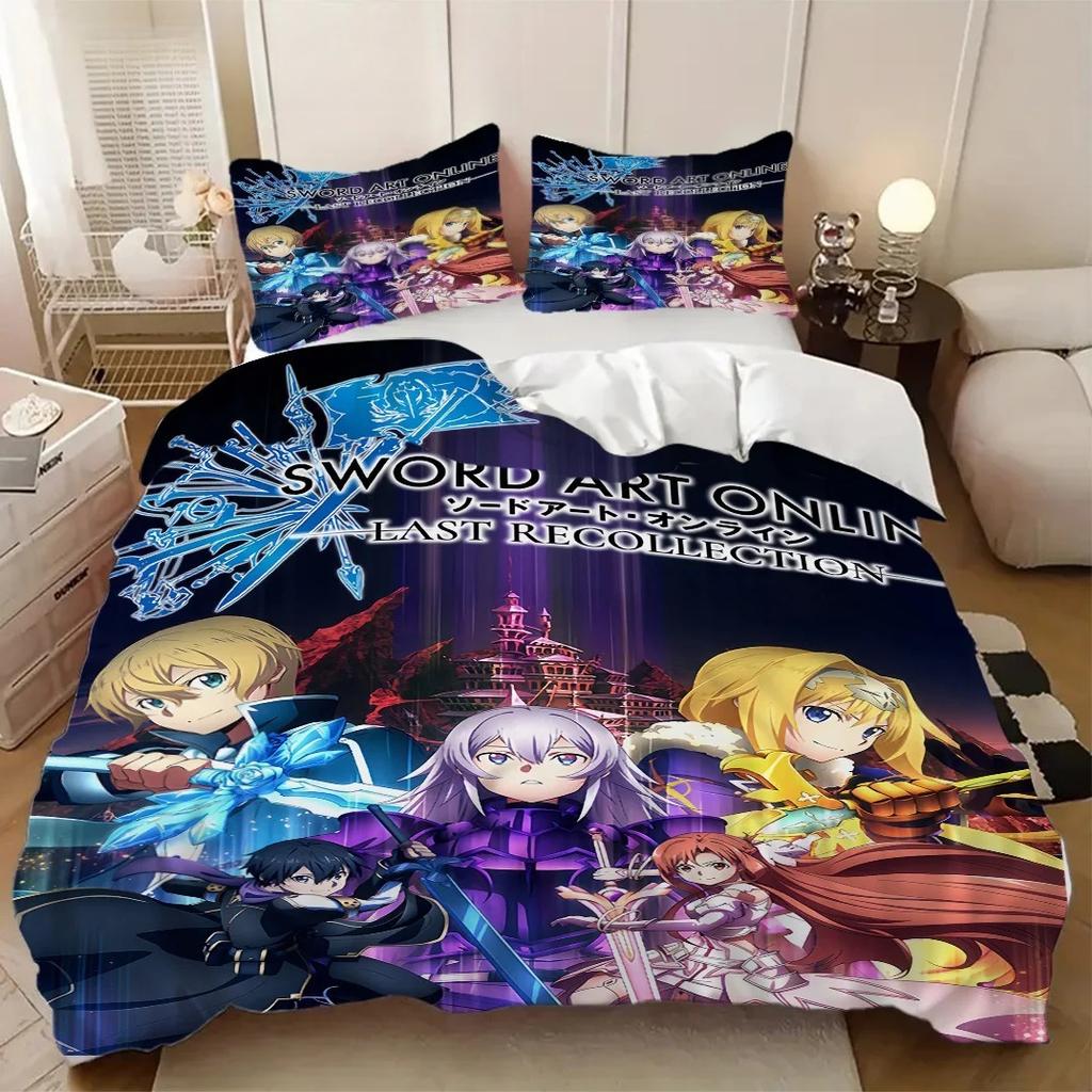 SAO Anime Art Print Bedding Set 3Pcs Kids Duvet Cover with Pillowcase 3D Digital Print for Boys Teens Bedroom Single/Double