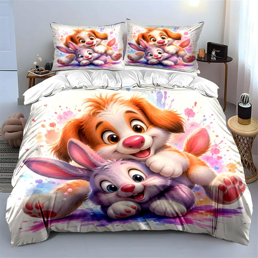 Playful dog and cute rabbit Print Bedding Set 1 Duvet Cover 2 Pillowcases for Adult and Children Luxury Gift Full Size