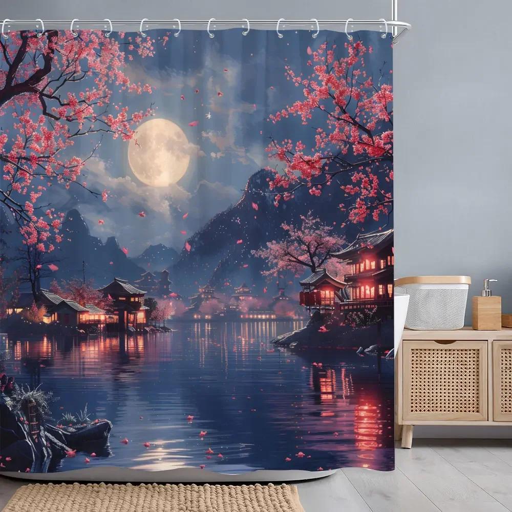 Japanese Red Cherry Blossom Seascape Shower Curtain Chinese Landscape Ink Painting Printed Fabric Shower Curtains Bathroom .