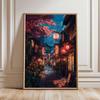 Serene Tokyo Night Print, Cherry Blossom Poster, Japan Street Art, Lantern Lit Alley, Cityscape Print, Urban Night Time Art