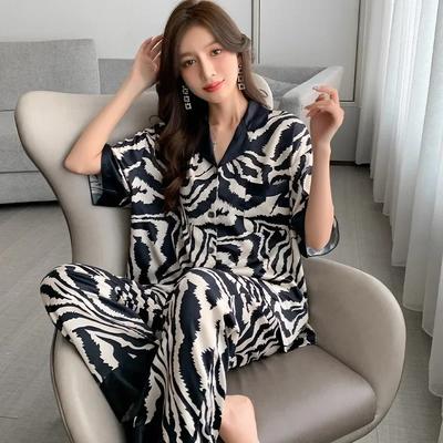 Pijamas Nuevos Mujer Cebra Verano Primavera Satén Seda Manga Corta Pantalón Largo Conjuntos Ropa de Dormir Chica Delgada Sexy Ropa para el Hogar Pijamas Acogedores