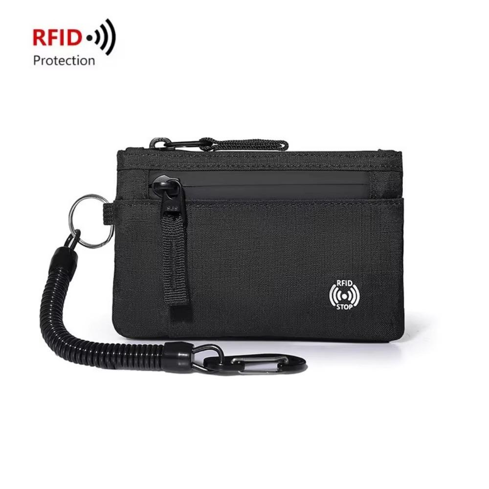 Porte-cartes de crédit RFID de luxe Anti-vol Mince Étui pour carte clé avec fermeture éclair avec mousqueton Porte-monnaie Portefeuille Homme