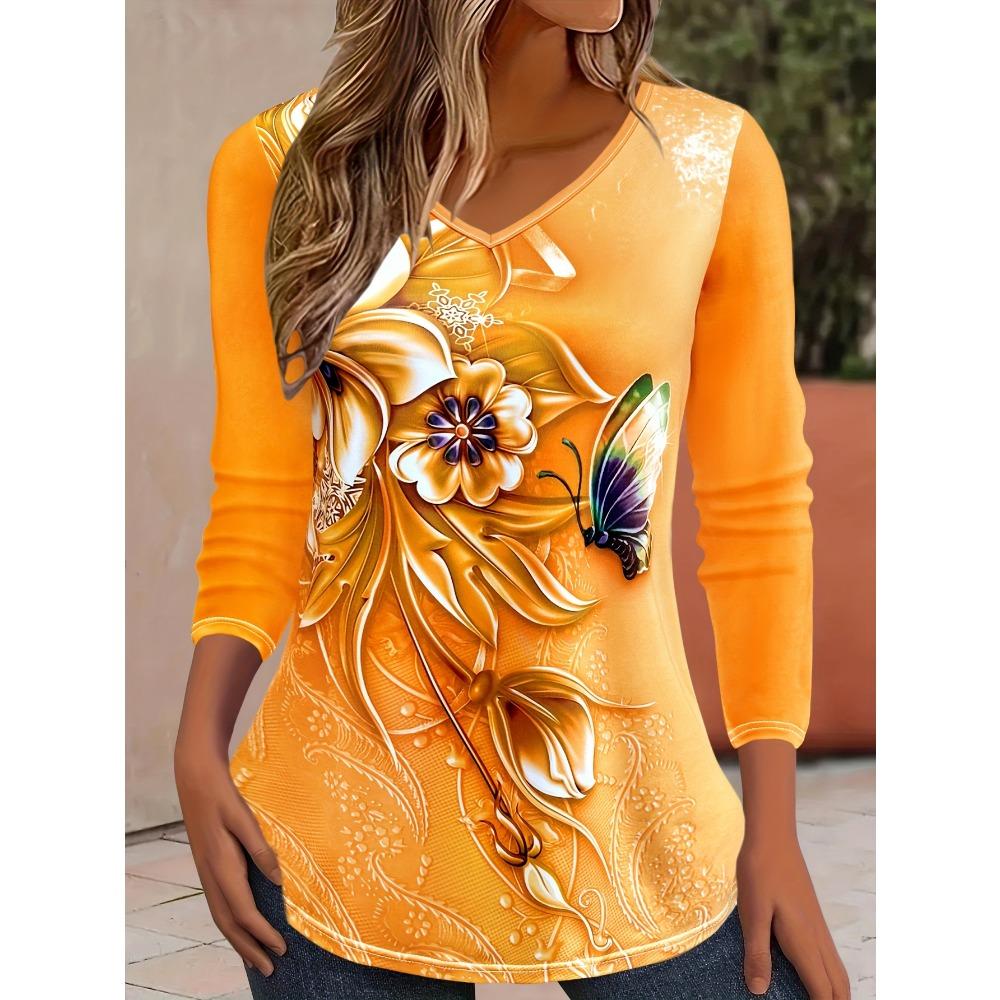 Herbst Damenmode Blumendruck Langarm T-Shirt V-Ausschnitt Locker Lässig T-Shirt Oberteil Damenbekleidung
