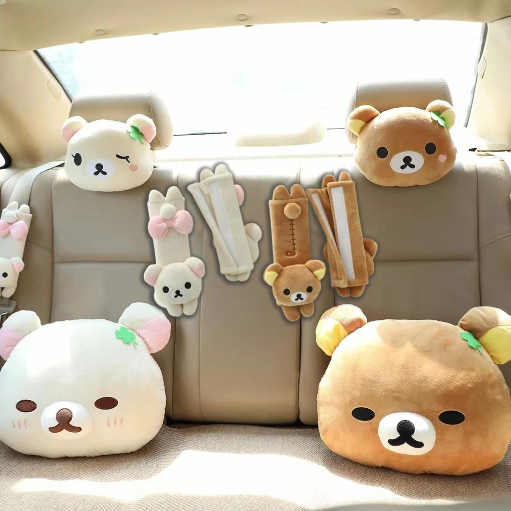 Rilakkuma Car Headrest Neck Pillow Kawaii San-X Rilakkuma Plush Car Neck Support Cushion Seat Belt Cover Car Accessories Girl