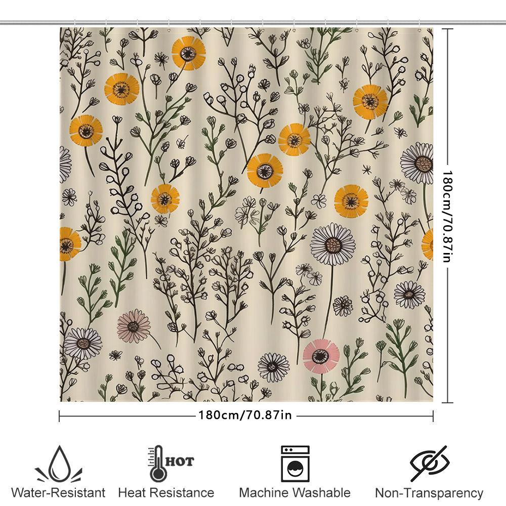 Yellow Flower Bath Curtain Set Shower Decor Vintage Print Modern Home Decor Shower Curtain 3D Printing Waterproof Fabric Bathroo