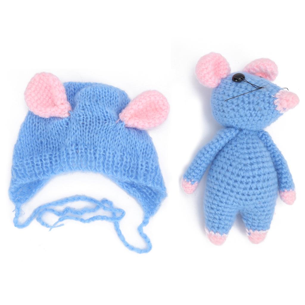 Infant Costume Knitted Sets Baby Photo Shoot Outfits Newborn Baby Mouse Hat with Mouse Doll