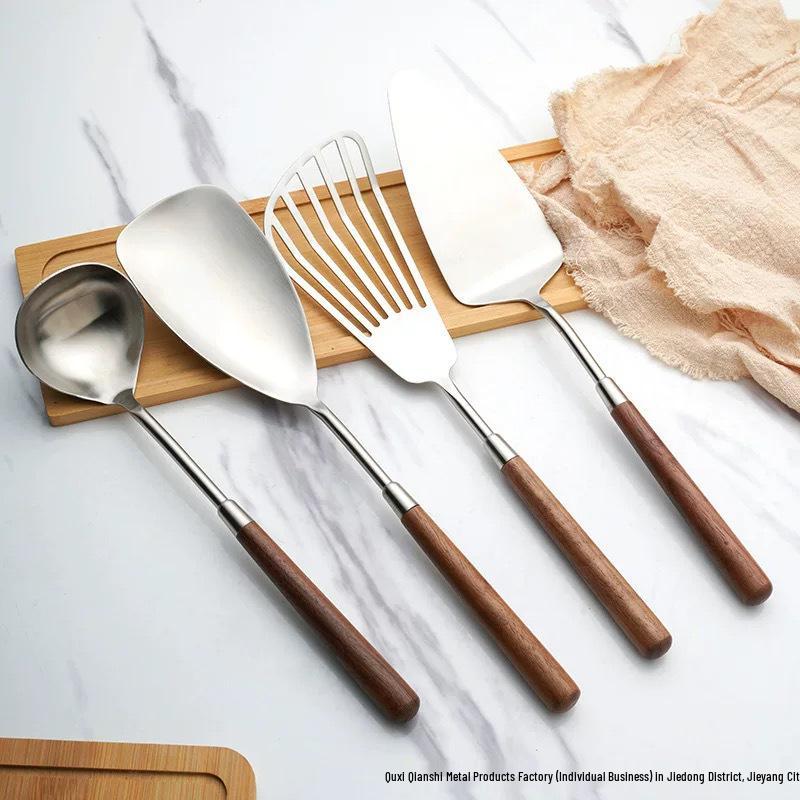 304 Stainless Steel Western Cutlery Set with Walnut Handles: Knife, Fork, Spoon, Cake Server, Bread Knife, Soup Spoon, Serving Spoon.