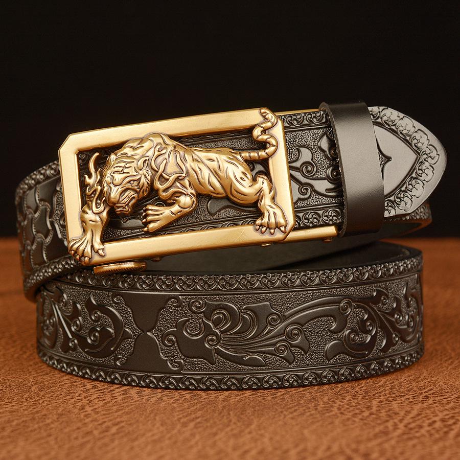 

Tiger Engraved Automatic Buckle Cowhide Men s Zodiac Belt - Casual Retro Style 110cm