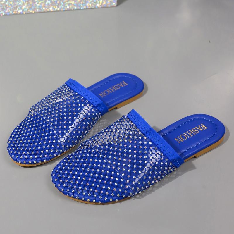 Women's Rhinestone Mesh Mules Sparkly Slip-On Flat Sandals with Fashion Insole