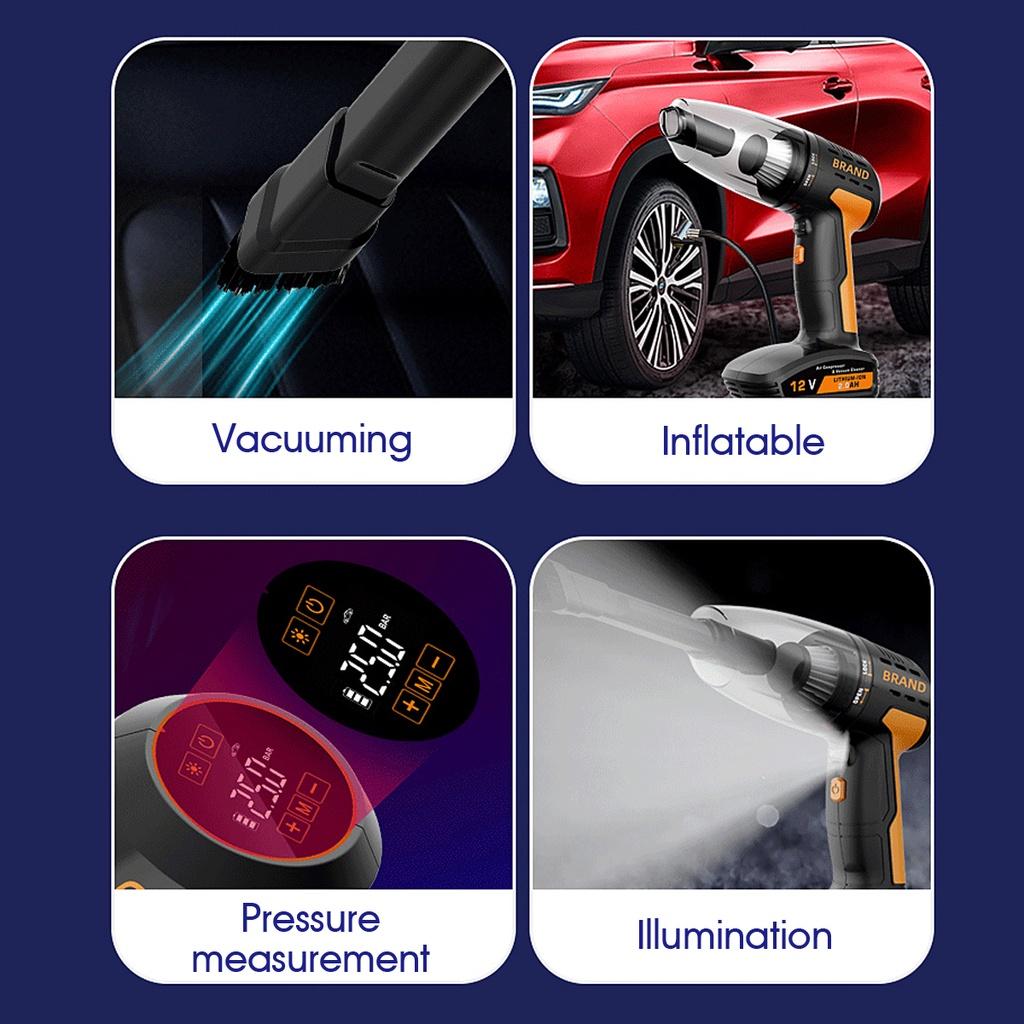 4 In 1 6000Pa Portable Car Vacuum Cleaner Cordless Interior Cleaner with LED Light Tire Pressure Gauge Inflator Auto Accessories