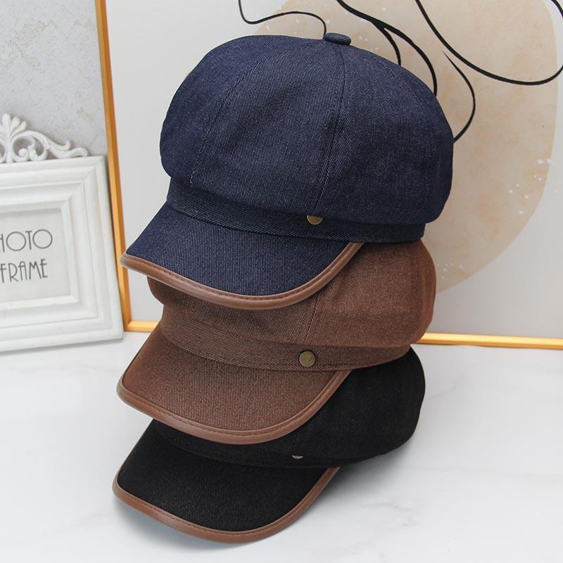 Retro washed denim beret women's autumn and winter versatile face small octagonal hat casual big head circumference newsboy painter hat