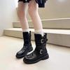 Western Boots Women's 2025 Autumn and Winter New Leather Retro Belt Buckle Martin Boots Fashionable Versatile British Style Knight Boots