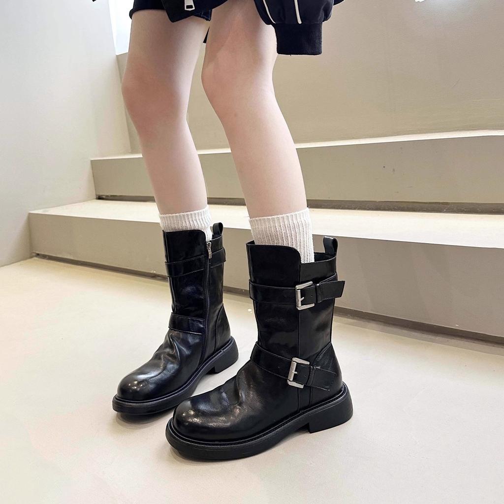 Western Boots Women's 2025 Autumn and Winter New Leather Retro Belt Buckle Martin Boots Fashionable Versatile British Style Knight Boots