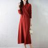Women's V-Neck Knee-Length Pure Wool Dress - Loose Waist, Solid Color, Long Sleeve for Autumn/Winter