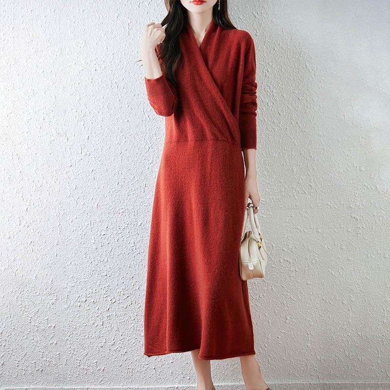 Women's V-Neck Knee-Length Pure Wool Dress - Loose Waist, Solid Color, Long Sleeve for Autumn/Winter