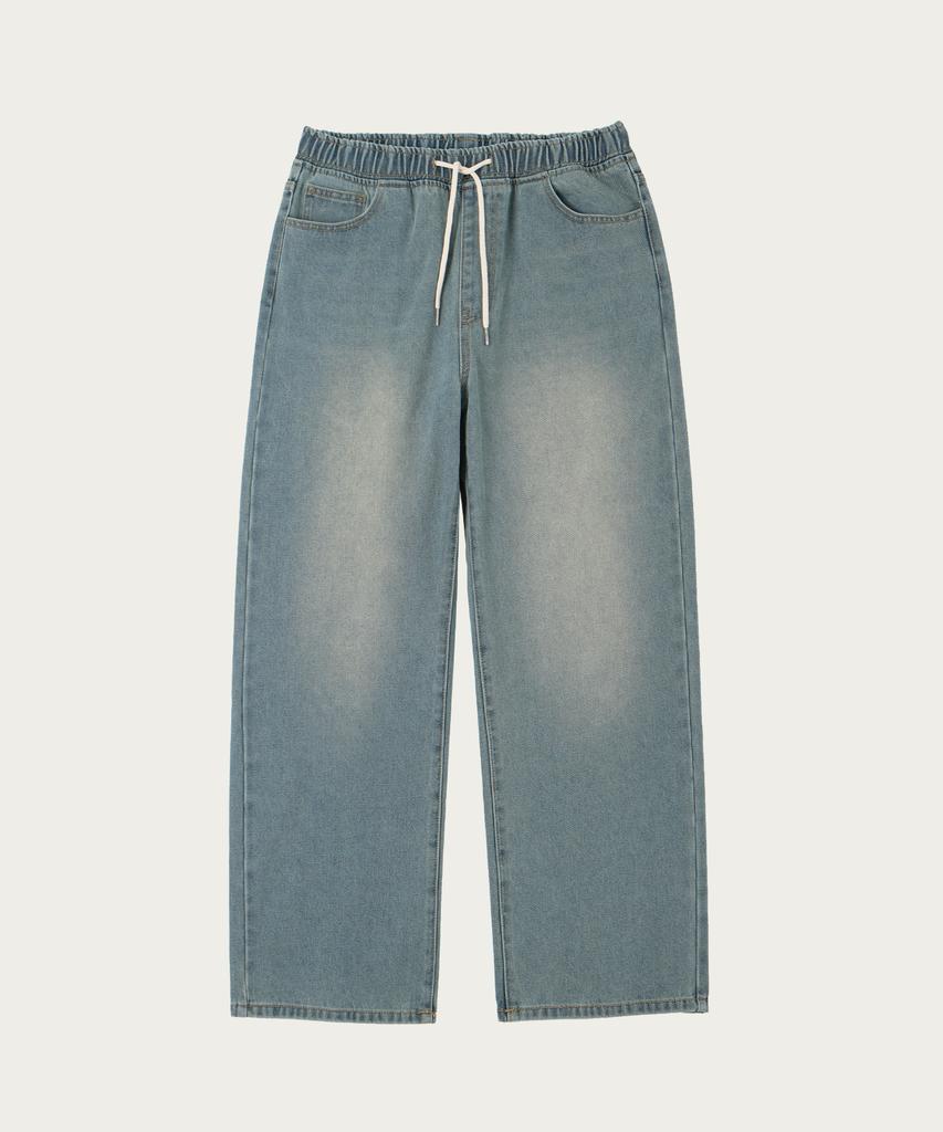 Akeusi Easy Fit Elastic Waist Wide Denim Pants Unisex (Light Blue)