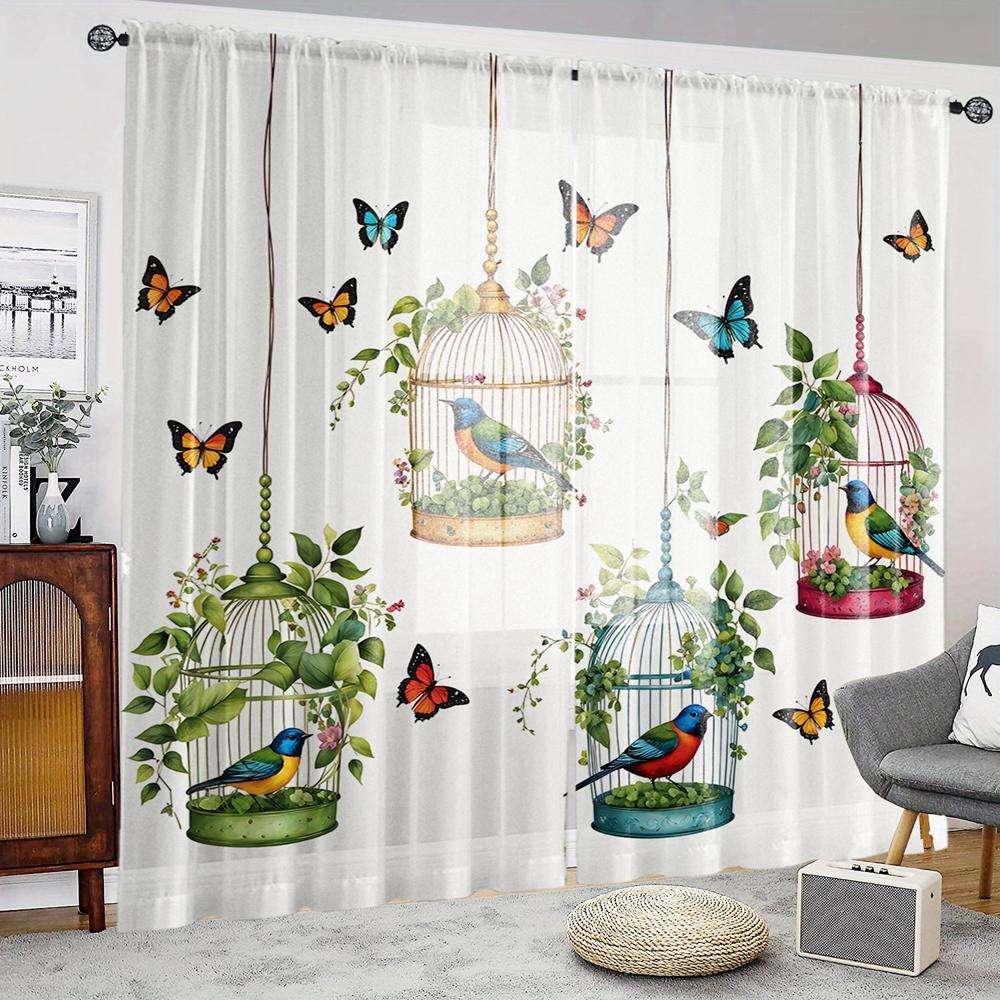 2 Pieces HD Digital Butterfly Caged Bird Printed Window Valance Home Decorating Style Decorating Living Room Bedroom Rodding Cur
