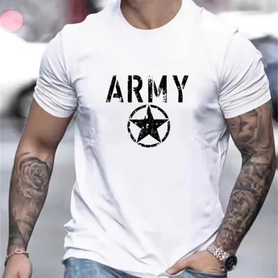 T-shirt z nadrukiem Army Star w stylu distressed, Lekki t-shirt oddychający chłodny, Wygodny w noszeniu