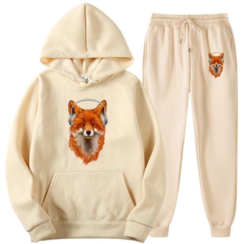 Cute Smiling Musical Fox Print Men Women Tracksuit Sets Casual Hoodie+Pants 2pcs Sets Oversized Pullover Fashion Unisex Clothing