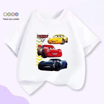 New Cartoon Cars Summer Cotton T-Shirt for Kids, Short Sleeve, Round Neck