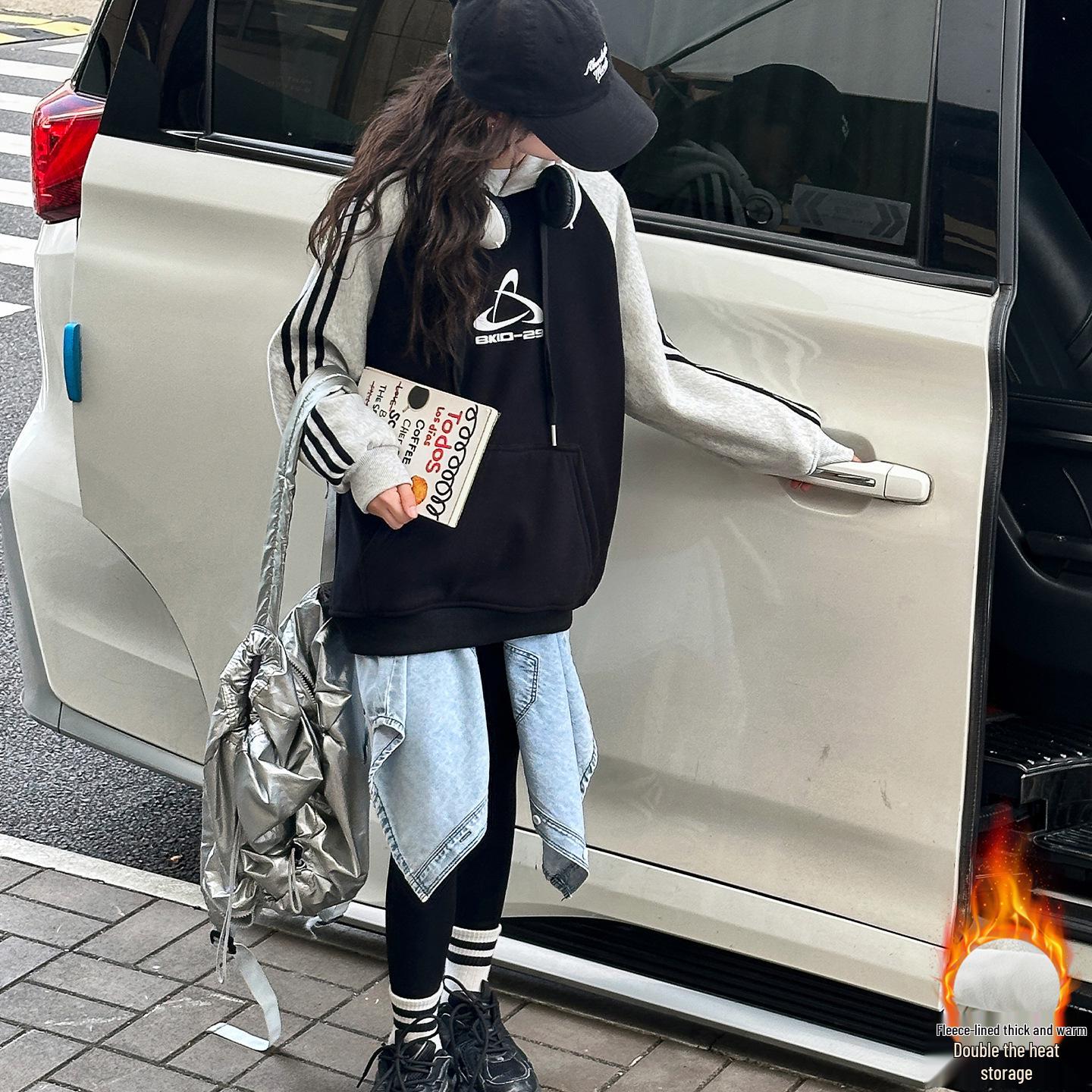 

Толстовка с капюшоном из толстого флиса с буквенным принтом для девочек, зима 2025 - Теплая базовая толстовка для подростков 160cm чёрный