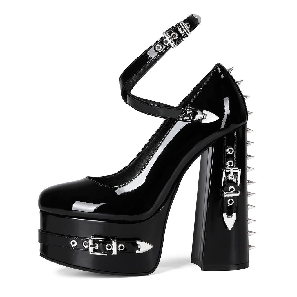 2025 Women's Punk Gothic Style Motorcycle Super High Heels Ladies Pumps Rivet Cosplay Costum Buckle Metal Chain Punk Shoes Girls
