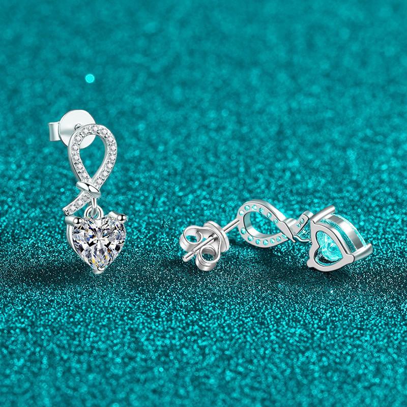Sterling Heart Knot Drop Earrings Women With 2ct Moissanite 6.5mm Zircon Fresh Sweet Style Jewelry