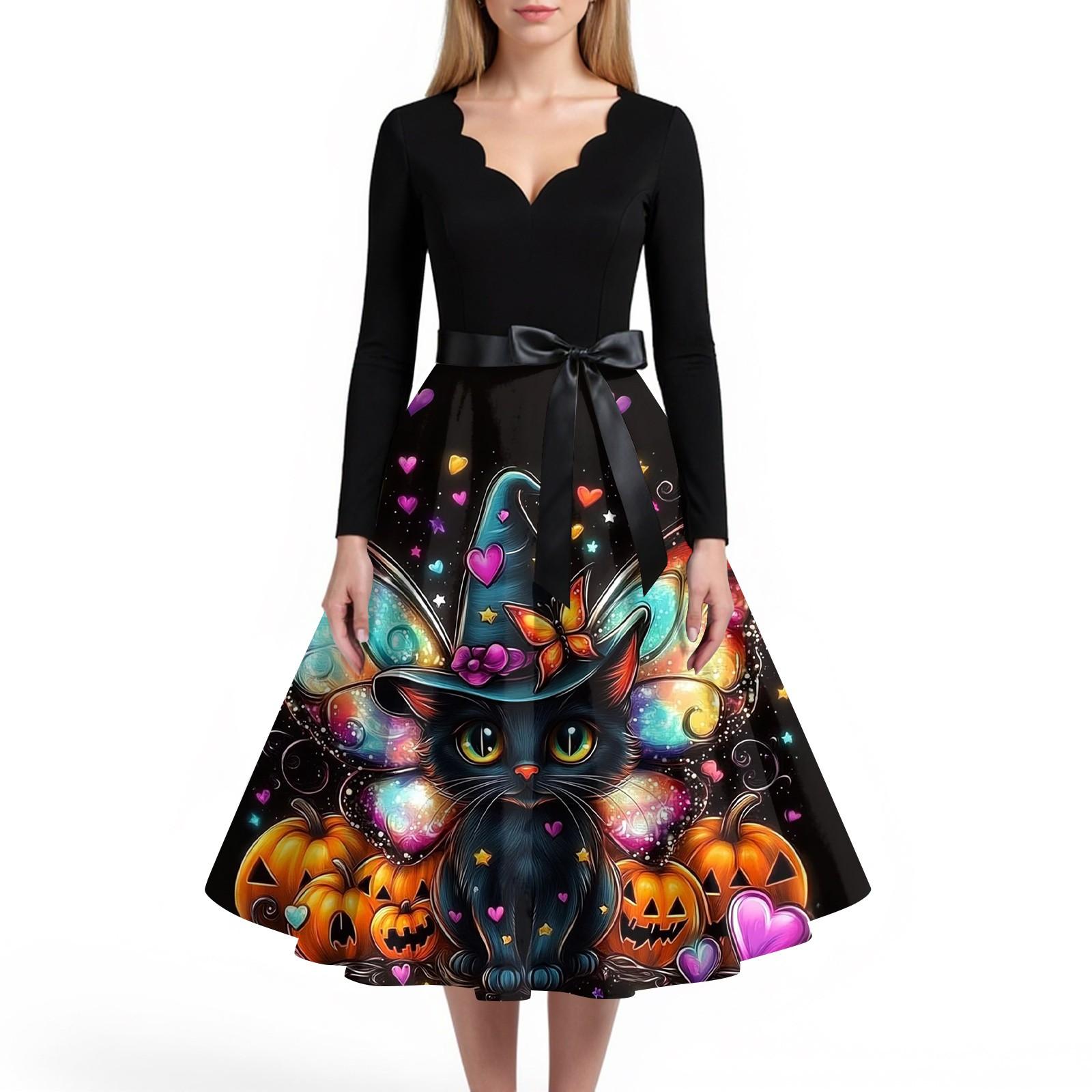 

Женское повседневное и модное платье с V-образным вырезом и длинными рукавами с принтом на Хэллоуин XL синий