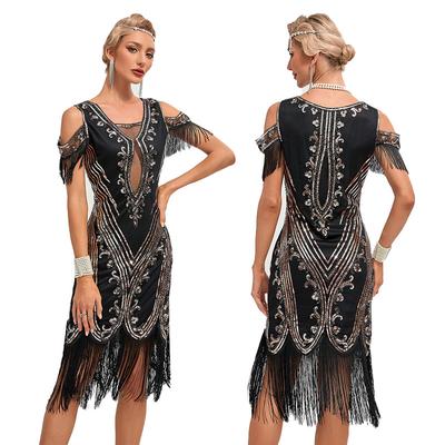 1920S Retro Dance Party Embroidered Tassel Dress Cocktail Party Plus Size Sequins Mesh Dress