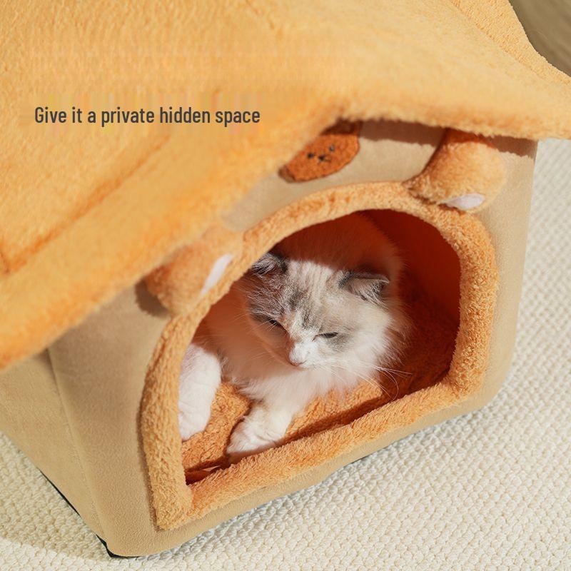 House Cat & Small Dog Winter Teddy House with Detachable, Washable Pet Mat - Warm Four Seasons Enclosed Bed