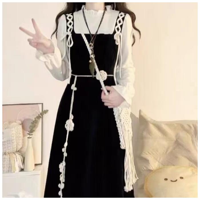 

French retro fake two-piece green dress for children, new autumn and winter models, unique temperament, beautiful waist dress XL чорний