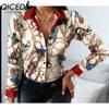 QICED Women's Fashion Casual Solid Color Print Long Sleeve POLO Neck Blouses & Shirts