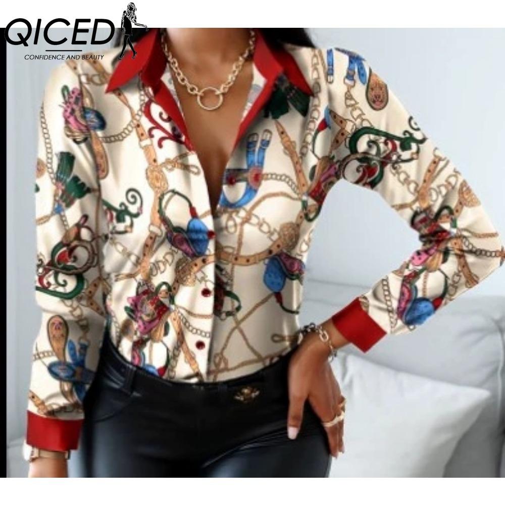 QICED Women's Fashion Casual Solid Color Print Long Sleeve POLO Neck Blouses & Shirts