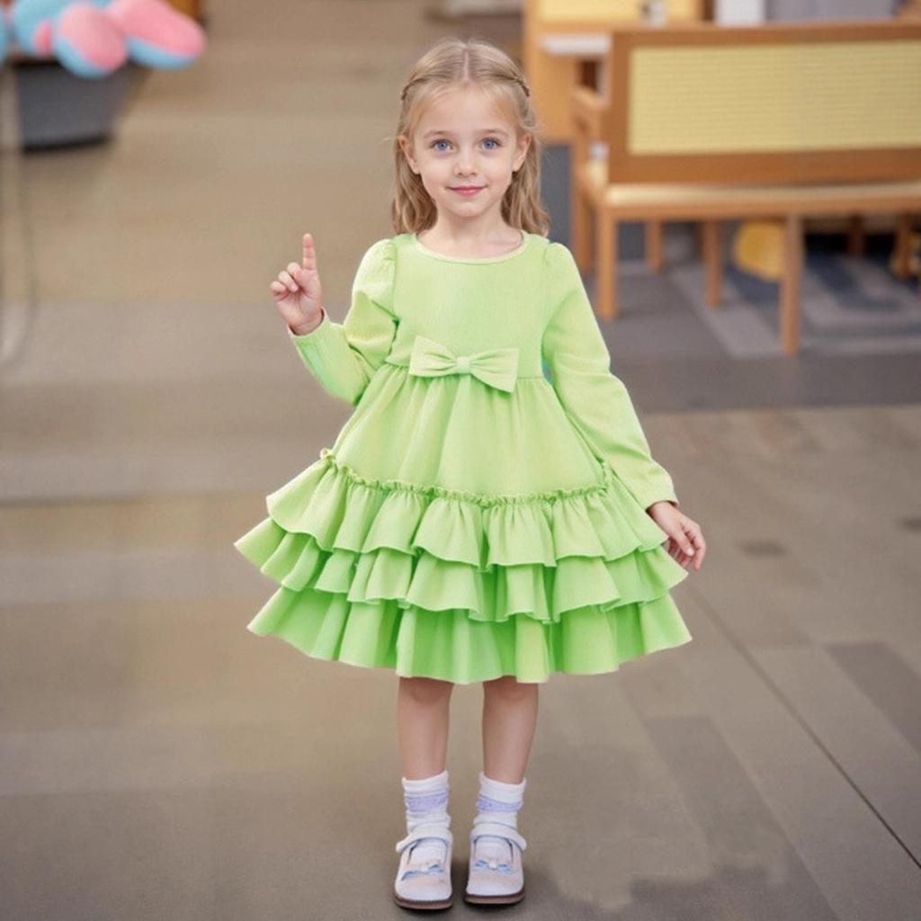 Girls' Fashionable Cute Solid-Color Stylish Children's Cake Dress Princess Dress Long-Sleeve Dress