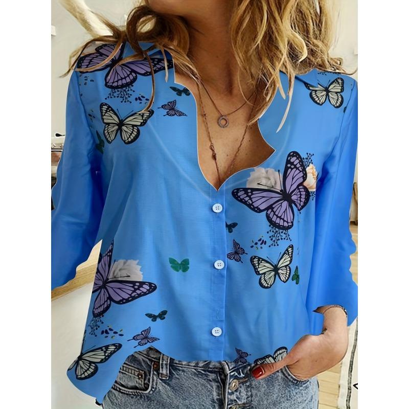 Fashion Retro Butterfly Group Print Long Sleeve Blouse Spring Spring Lapel Button Casual Blouse Ladies 5Xl Home Shirt