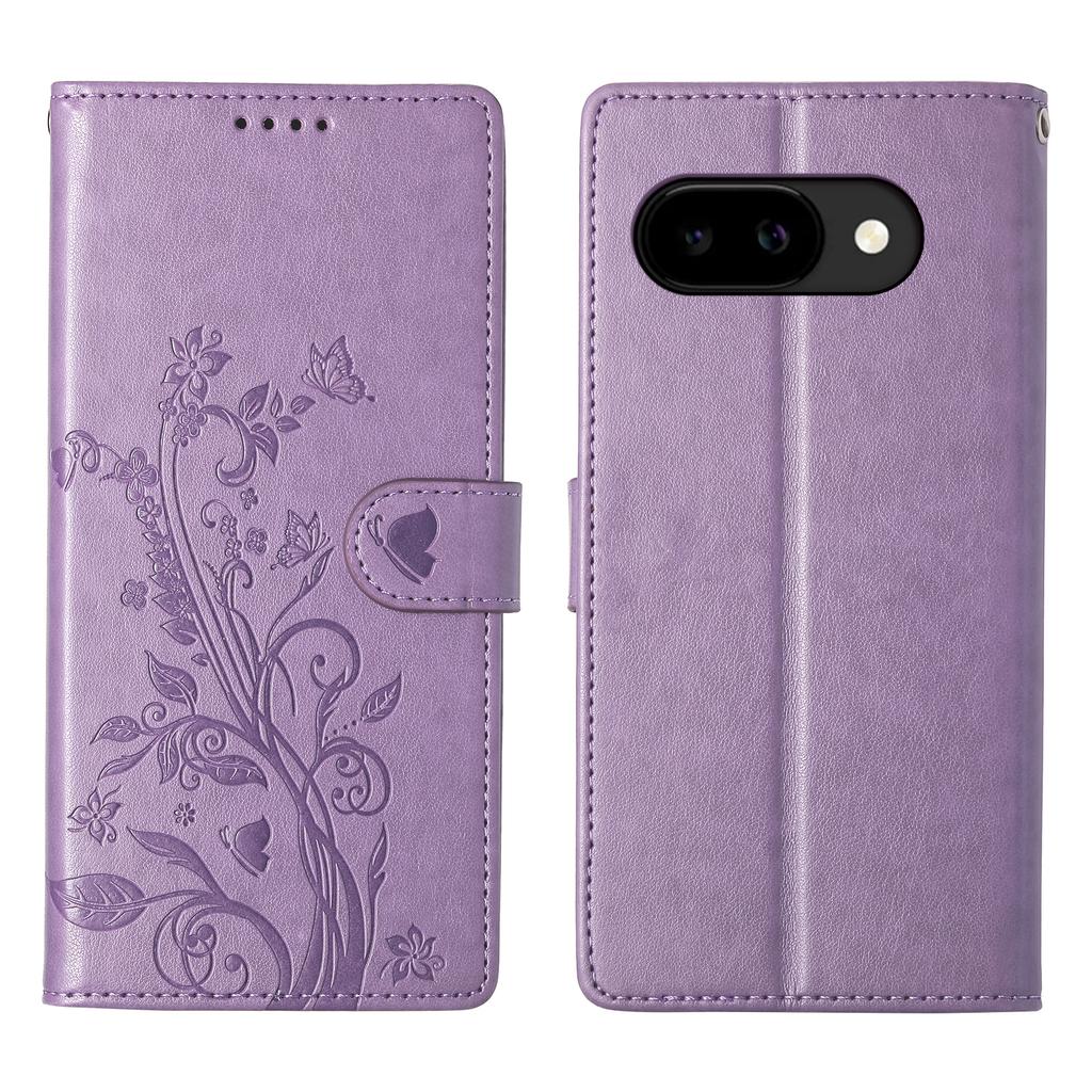 For Google Pixel 10a Wallet Case Butterfly Floral Imprint PU Leather Phone Cover with Wrist Strap