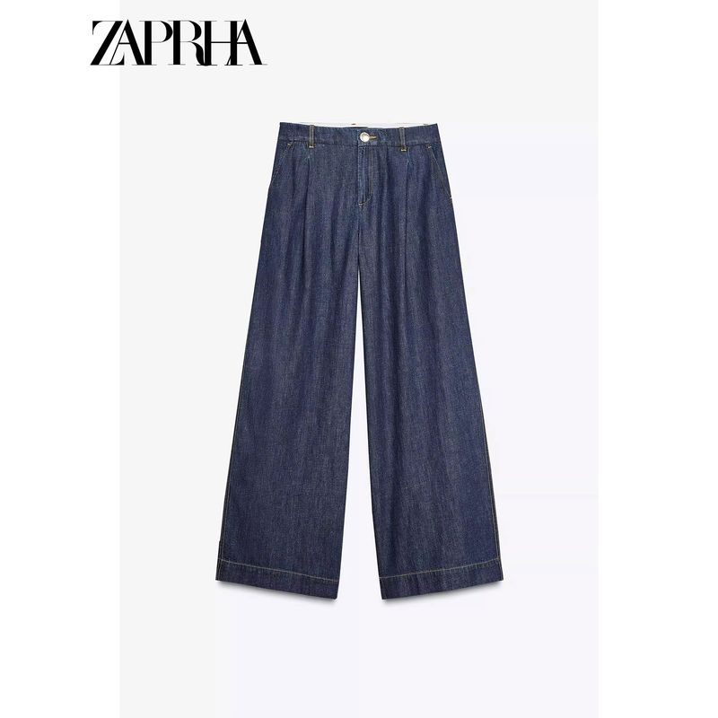 Zaprha 2025 New Arrival Denim Effect Wide Leg Relaxed High Waist Normcore Temperament Leisure Pleated Pants for Women 2881781