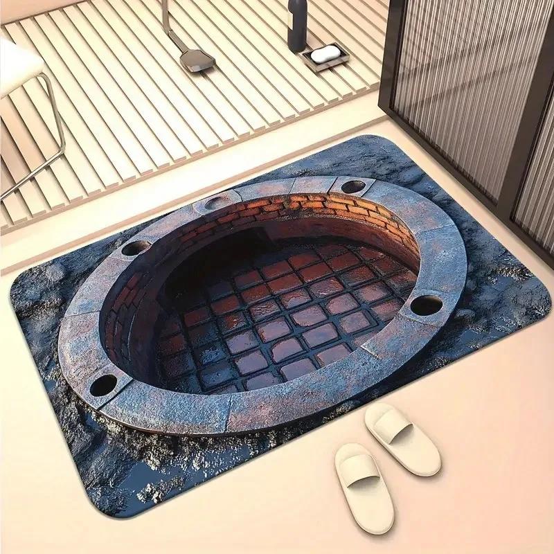3D Visual Entrance Door Mat Realistic Manhole Cover Pattern Rug Fun Home Decoration Living Room Bedroom Kitchen Anti Slip Carpet