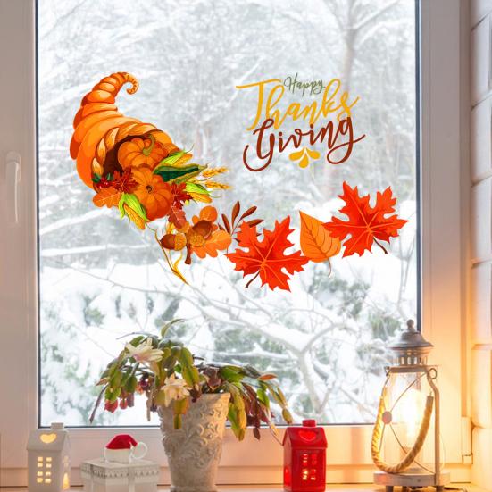 Thanksgiving Autumn Harvest Wall Stickers Festival for Decor, PVC Cornucopia Pumpkins And Maple Leaves Decals, Easy Peel Stick Art Decals Home