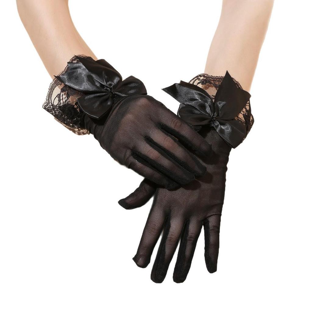 Bridal Wedding Dress Gloves - Women's Short Black Mesh with Lace Trim and Bow