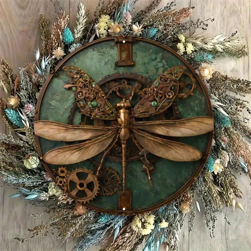 Steampunk Dragonfly Metal Wall Art, Vintage Aluminum Sign with Gears and Floral Accents, Rustic Bronze and Green Decorative